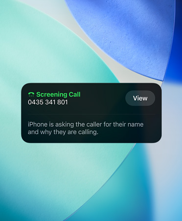 iPhone app widget showcasing screening feature on an incoming call, new OS wallpaper set in the background