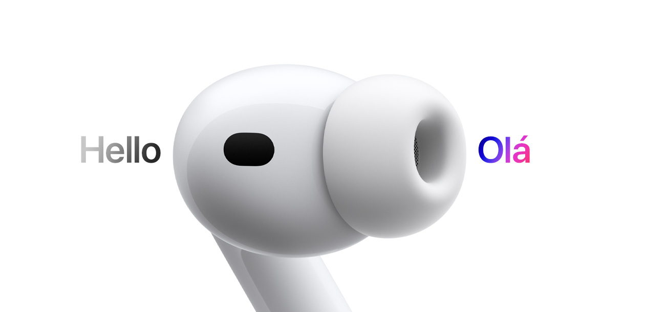 AirPods Pro 3, fone de ouvido com ponta de silicone, a Tradução ao Vivo altera do espanhol para o inglês os caracteres que dizem 'Olá'