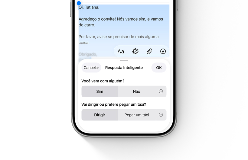 A tela do iPhone mostra opções de Resposta Inteligente no app Mail.