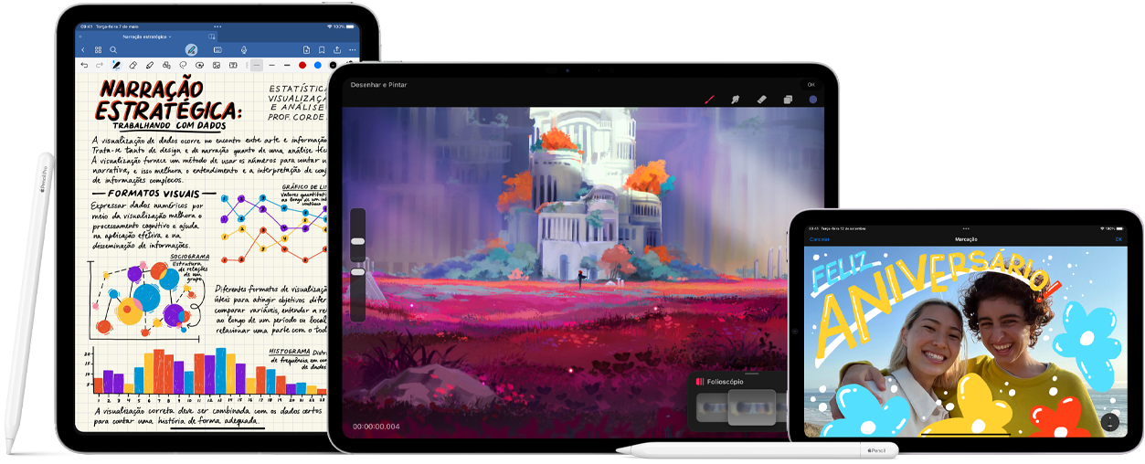 Imagem do Apple Pencil Pro e do Apple Pencil USB-C ao lado de vários aparelhos iPad mostrando exemplos de notas manuscritas e ilustrações coloridas criadas com o Apple Pencil.