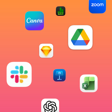 Ícones de apps de produtividade, como Slack, Canva, Google Workspace, Zoom, NetSuite, Keynote, Excel, SumUp e Numbers, em um fundo colorido.