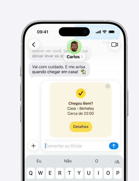 A tela do iPhone mostra uma conversa no Mensagens com o recurso Chegou Bem em uso