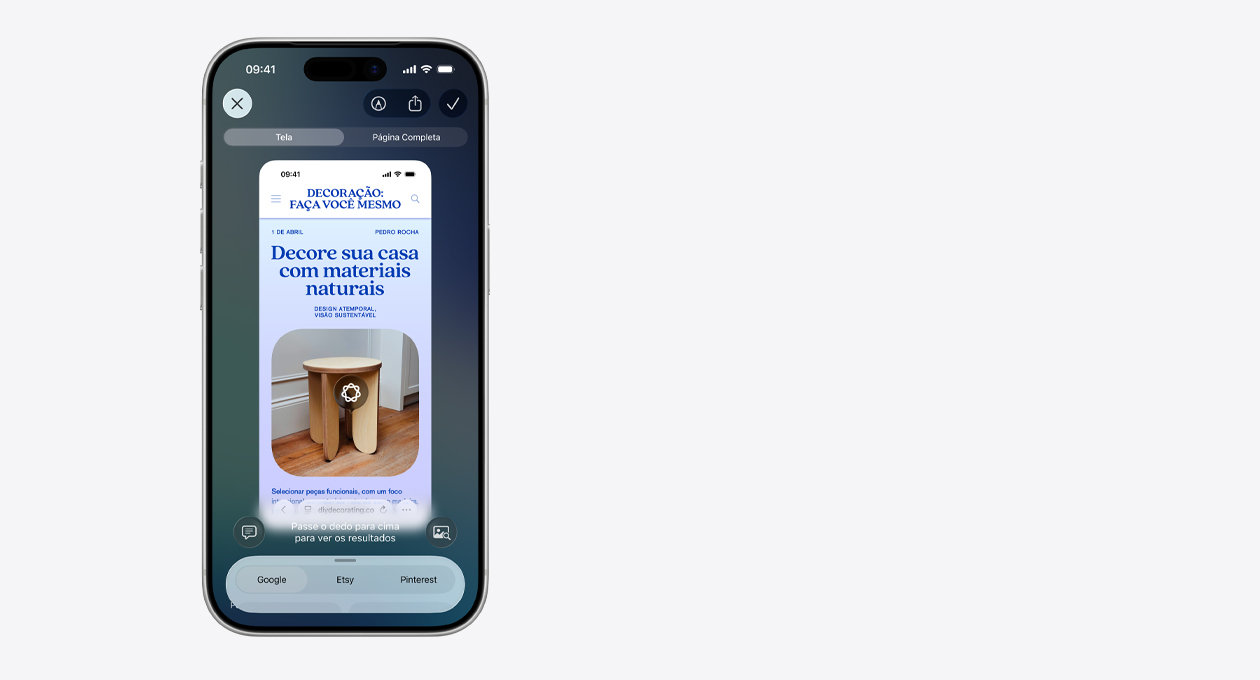 O iPhone mostra um conjunto de imagens com diferentes luminárias em formato de cogumelo da Etsy, ao lado de abas do Google e do Pinterest.