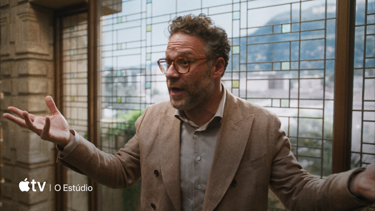 A flatscreen television showing a static image of "The Studio" available on Apple TV