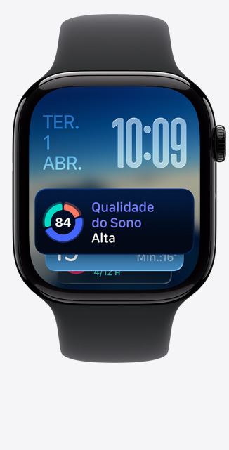 Apple Watch Series 11 com caixa preta brilhante de alumínio, Conjunto Inteligente, alerta de Qualidade do Sono, Digital Crown no lado direito, pulseira esportiva preta
