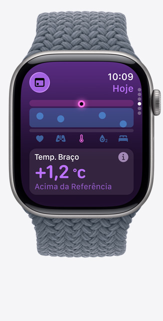 Apple Watch Series 11 com caixa de titânio ardósia, app Sinais Vitais, gráfico de pontuação de saúde, notificação de temperatura do pulso acima da linha de base, lado direito, Digital Crown, pulseira loop solo trançada azul-âncora