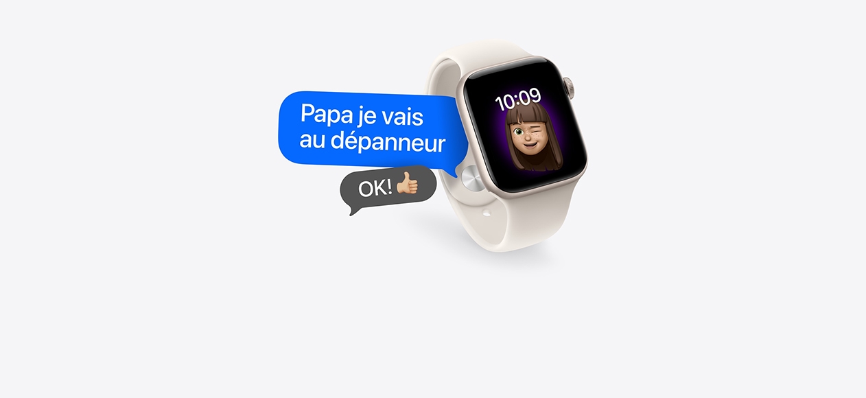 Apple Watch, le cadran montre un Memoji de jeune fille qui fait un clin d’œil, une bulle de texte dit « Papa je vais au dépanneur » et une bulle de réponse dit « OK! » avec un emoji de pouce levé