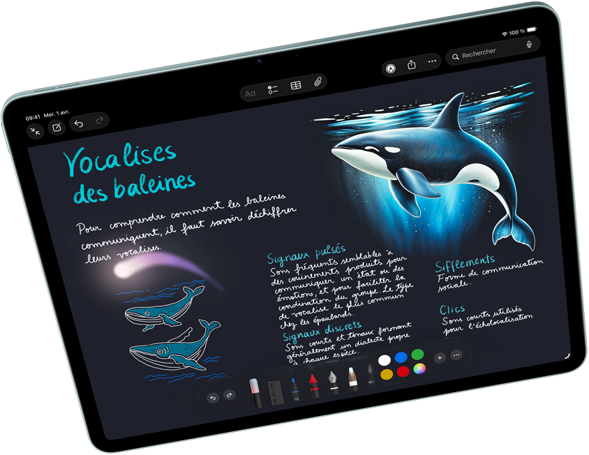 iPad Air en orientation paysage, mettant en valeur Apple Intelligence dans Image Playground; et Keynote, Apple Pencil Pro