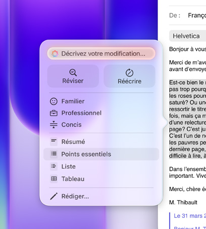 Outils d’écriture en cours d’utilisation, un long paragraphe de courriel est surligné, l’option Points essentiels du menu des outils d’écriture, qui est accompagnée d’une icône de liste à puces, est sélectionnée