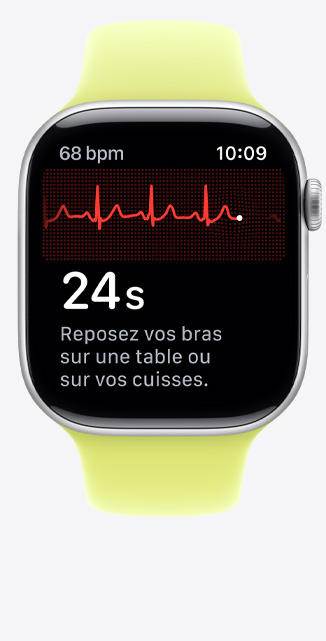 Apple Watch Series 11, boîtier en aluminium, argent, app ECG, battements par minute dans le coin supérieur gauche, ligne de fréquence et minuterie au centre, bracelet sport, jaune fluo