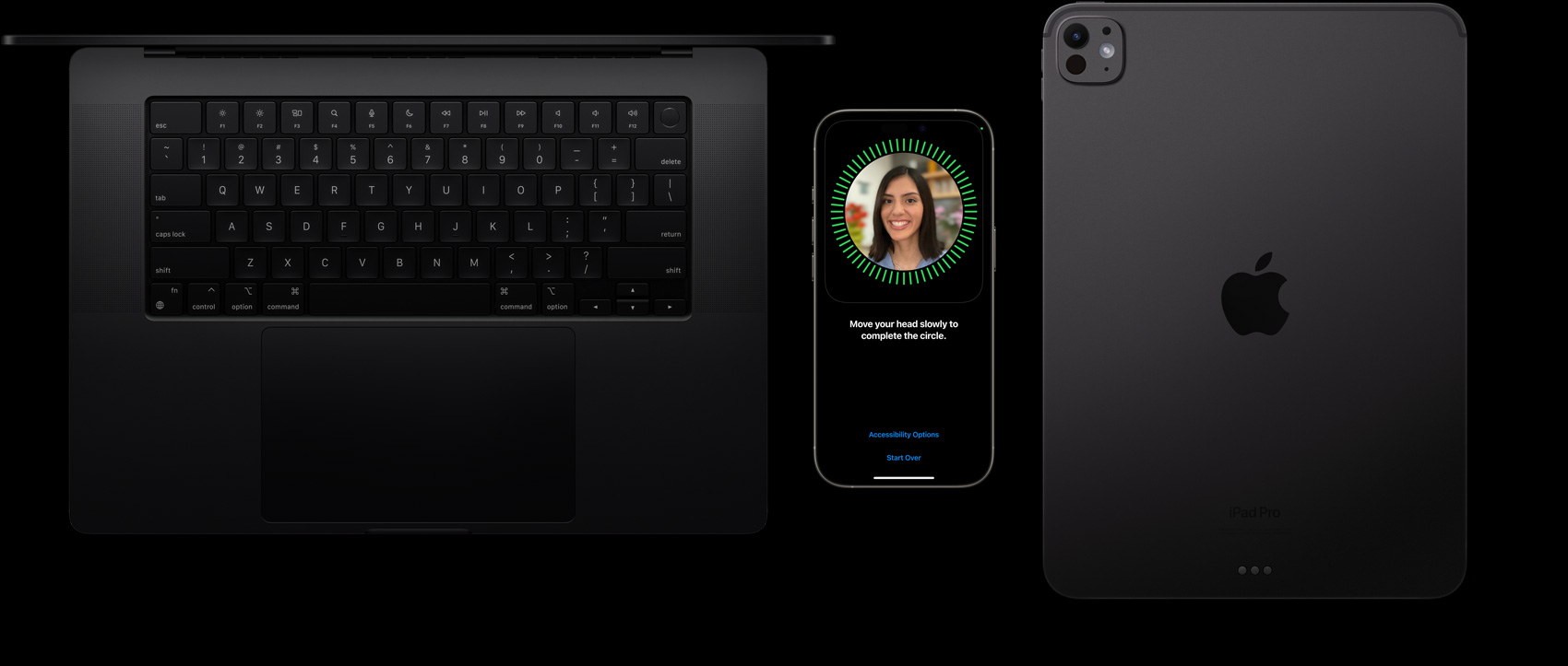 A MacBook in Space Black, an iPhone in Natural Titanium and an iPad in Space Black sit side-by-side with a Face ID setup displayed on the iPhone