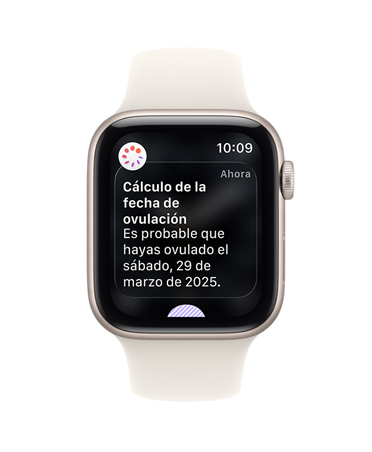 Apple Watch SE 3, caja de aluminio, blanco estelar, notificación de cálculo de la fecha de ovulación de Control del Ciclo en la app Salud, Digital Crown, correa deportiva, blanco estelar