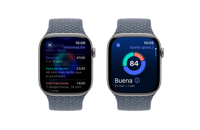 Apple Watch Series 11, gris espacial, caja de aluminio, notificación de Puntuación de Sueño, parte lateral derecha, Digital Crown, correa uniloop trenzada, color azul ancla