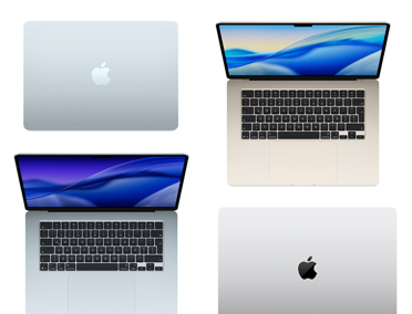 Cuatro modelos de computadores Mac en distintos tamaños y colores que muestran la amplia gama de opciones de personalización