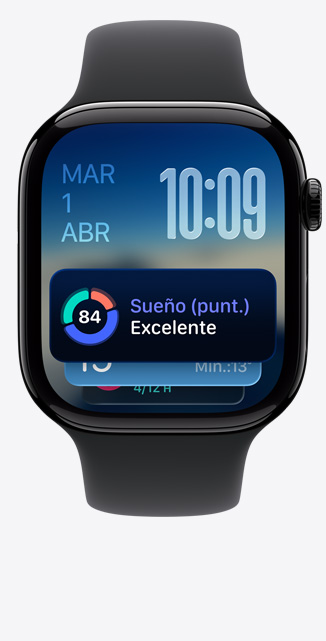 Apple Watch Series 11, caja de aluminio, negro azabache pulido, Pila Inteligente, alerta de Puntuación de Sueño, parte lateral derecha, Digital Crown, correa deportiva negra