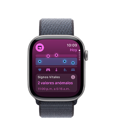 Apple Watch Series 11, gris espacial, caja de aluminio, app Signos Vitales, gráfica con puntuaciones de salud, notificación de valores anómalos de signos vitales nocturnos, parte lateral derecha, Digital Crown, correa loop deportiva, color gris oscuro
