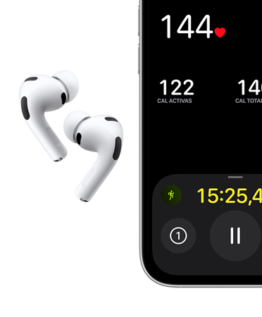 AirPods Pro 3, blancos, audífonos, almohadillas de silicón, micrófono, iPhone, entrenamiento Carrera al Aire Libre en pantalla