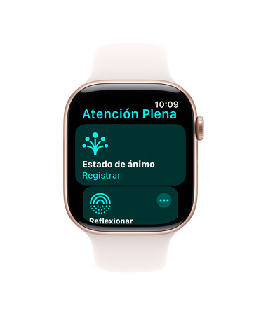 Apple Watch Series 11, caja de aluminio, color oro rosa, app Atención Plena abierta, parte lateral derecha: Digital Crown, correa deportiva rosa rubor