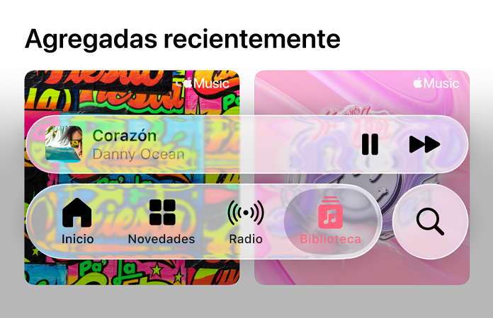 Controles translúcidos en Apple Music que refractan el fondo
