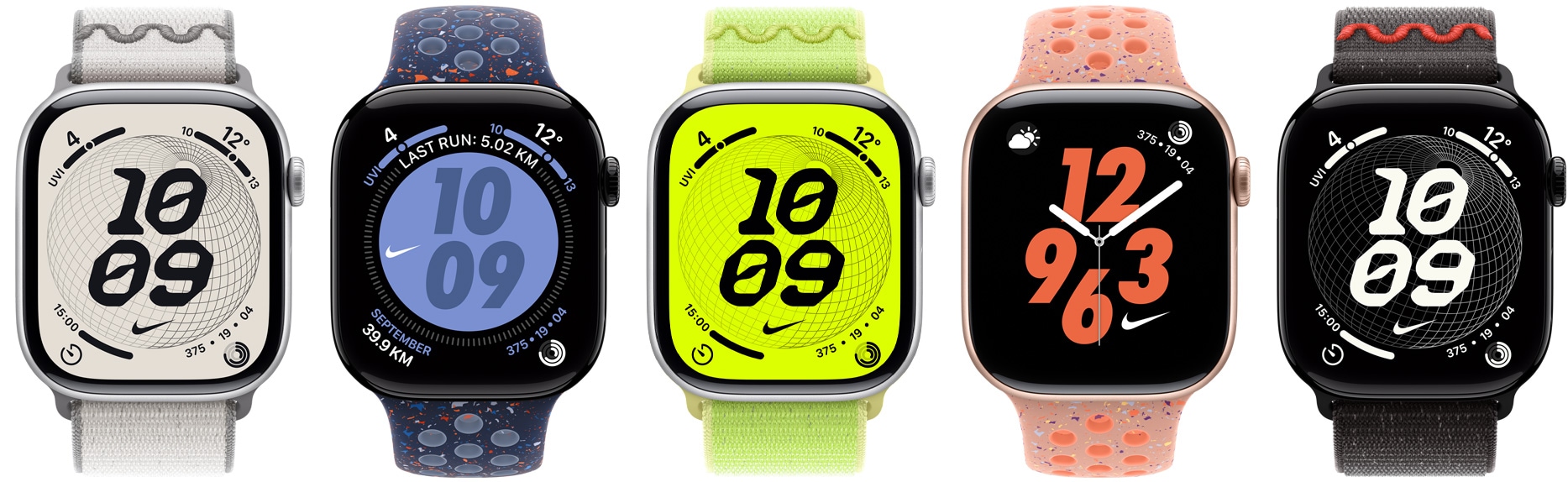 Apple Watch devices, varying Nike bands and Nike watch faces