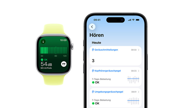 Apple Watch Series 11, Aluminiumgehäuse, Farbe Silber, Geräusche App, Sportarmband Neongelb, detaillierte Tageszusammenfassung für Hören auf gekoppeltem iPhone geöffnet