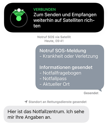 Das Notruf SOS über Satellit Feature wird verwendet, um einen Notdienst zu kontaktieren und Hilfe für eine kranke oder verletzte Person zu erhalten