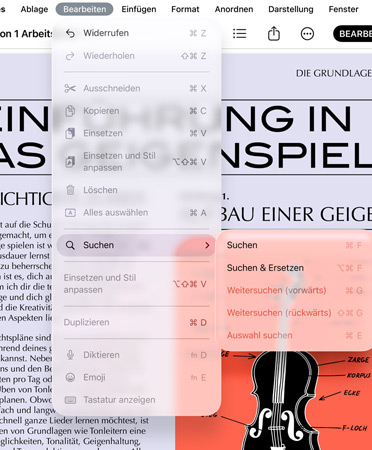 Nahaufnahme der Menüleiste mit Optionen für Rückgängig, Wiederholen, Ausschneiden, Kopieren, Einfügen und mehr