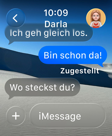 die halbtransparente Nachricht auf dem Display lautet „Wo bist du?“, darunter befindet sich das Wort „Vorschläge“ mit einer intelligenten Aktion zum Teilen des Standorts für eine Stunde