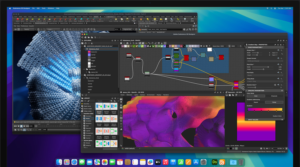 Screen of Adobe Substance 3D Designer, Houdini, and Redshift applications being used to edit on M4 Max Mac Studio