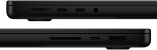 MacBook Pro liidesed – vasak pool: MagSafe 3 port, kaks Thunderbolt porti ja kõrvaklapipesa – parem pool: SDXC-kaardi pesa, üks Thunderbolt port ja HDMI-port