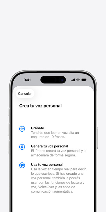 Un iPhone 17 Pro muestra la prestación Voz Personal con indicaciones sobre cómo crearla