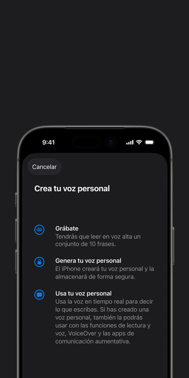 Un iPhone 17 Pro muestra la prestación Voz Personal con indicaciones sobre cómo crearla