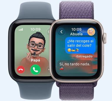 Dos Apple Watch. Uno con una foto de papá llamando. El otro con un mensaje de texto a la abuela que dice «Abuela, hemos ganado el partido».