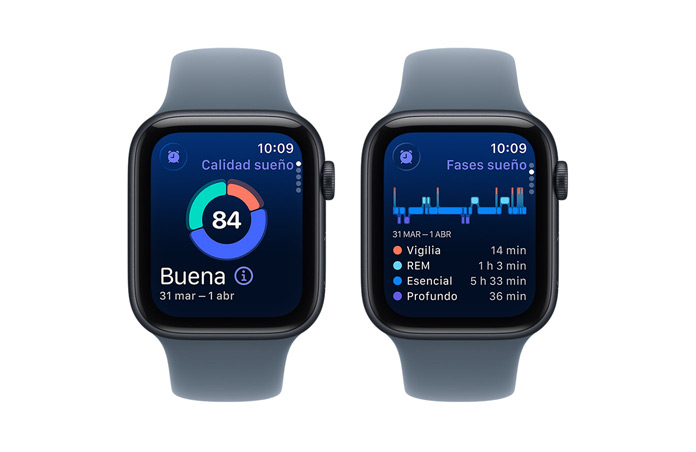 Apple Watch SE 3, Calidad del Sueño, gráfico circular y puntuación, Fases del Sueño analiza las fases de Vigilia, REM, Esencial y Profundo