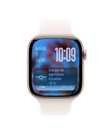 Apple Watch Series 11, caja de aluminio, color oro rosa, indicación del Grupo Inteligente, correa deportiva color rosa rubor