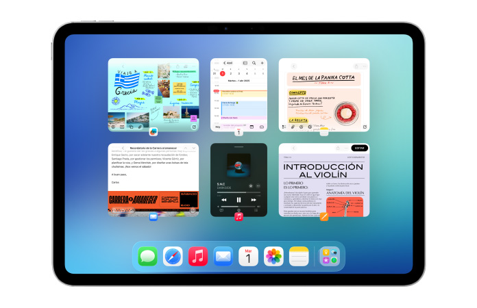 Un iPad en posición horizontal muestra varias apps, como Calendario y Música, en seis ventanas del mismo tamaño alineadas en dos filas.