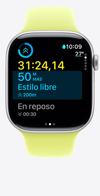 Apple Watch Series 11, caja de aluminio, color plata, Entreno Personalizado de natación en la pantalla, métricas en la pantalla, correa deportiva, color amarillo neón