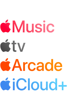 Logotyper för Apples abonnemangstjänster som Apple Music, Apple TV, Apple Arcade, iCloud+
