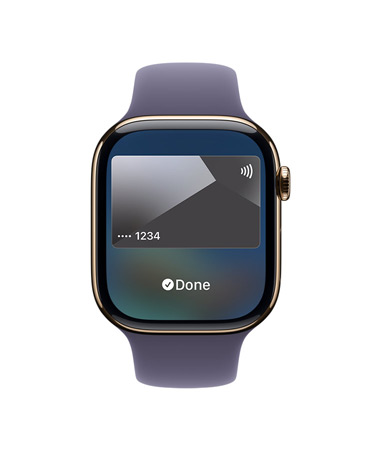 Apple Watch Series 11, couleur or, boîtier en titane, Apple Pay, côté droit, Digital Crown, Bracelet Sport brume violette