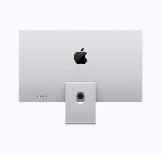 Apple Studio Display with tilt‑adjustable stand, silver colour, back exterior, glossy black Apple logo centred