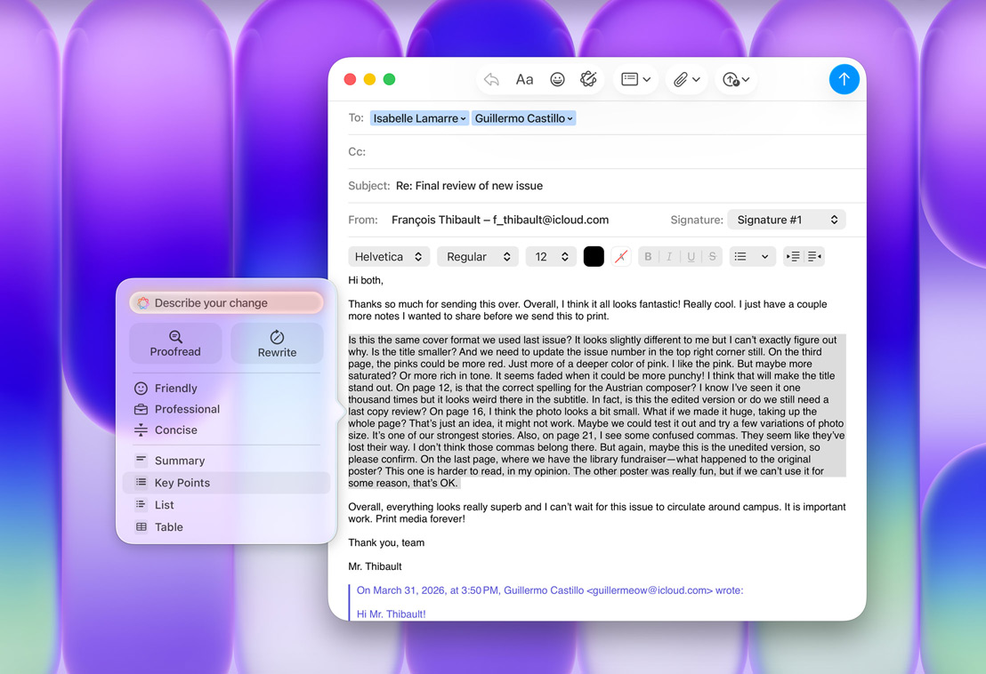App Mail com painel de ferramentas de escrita da Apple Intelligence, opção dos pontos principais destacada