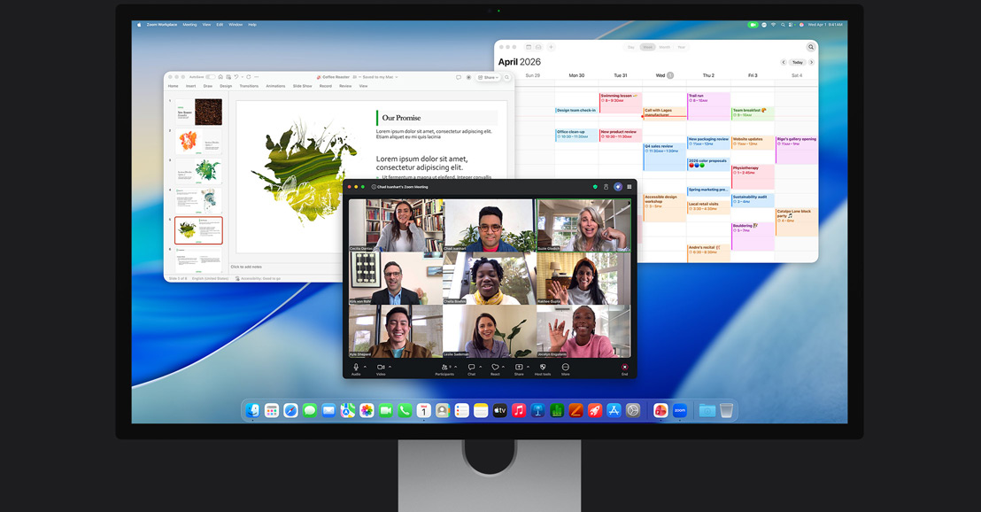 Ecrã do iMac a mostrar uma videochamada no Zoom com vários participantes, um calendário e uma apresentação aberta em segundo plano