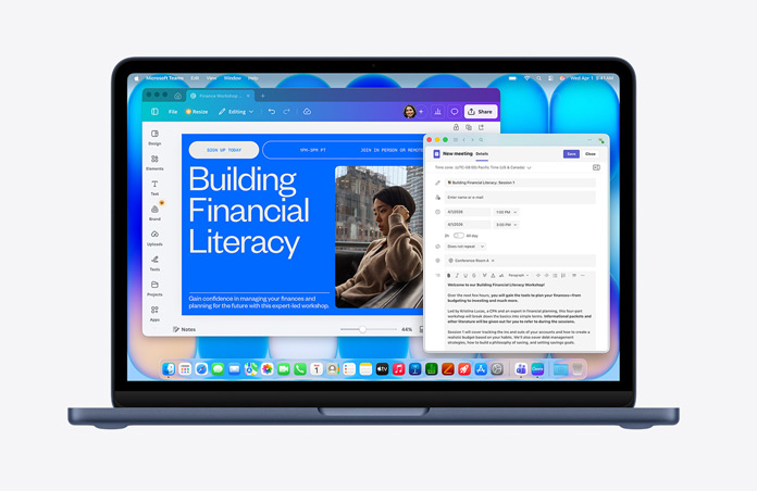 MacBook Neo na cor meia-noite, a mostrar uma página da internet com o título “Building Financial Literacy” e a imagem de uma pessoa, um rascunho de email aberto, barra de menus com vários ícones, Dock na parte inferior com ícones de apps