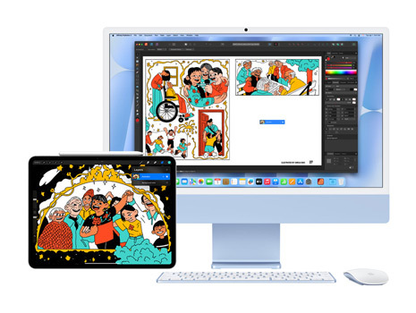 En frisk og sjov illustration vist på en iPad- og en iMac-skærm. På iMac bruges illustrationen i en kreativ app.