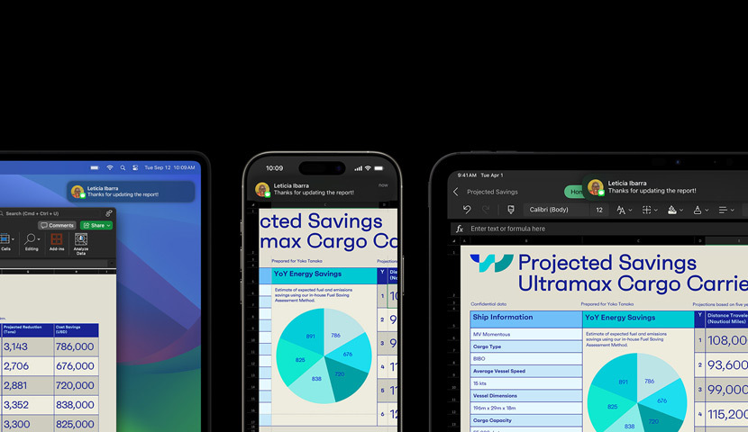 En præsentation og en tekstbesked vist på en række enheder, herunder Apple Watch, iPhone, Mac og iPad.