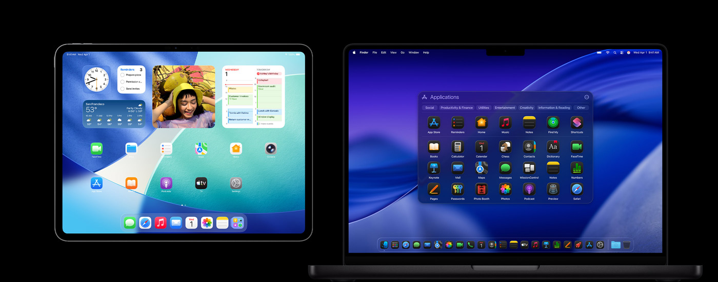 Um iPad e um Mac a mostrar vários ícones de apps. O iPad mostra vários widgets, incluindo Calendário, Meteorologia e Fotografias. O macOS Tahoe surge em segundo plano no Mac.