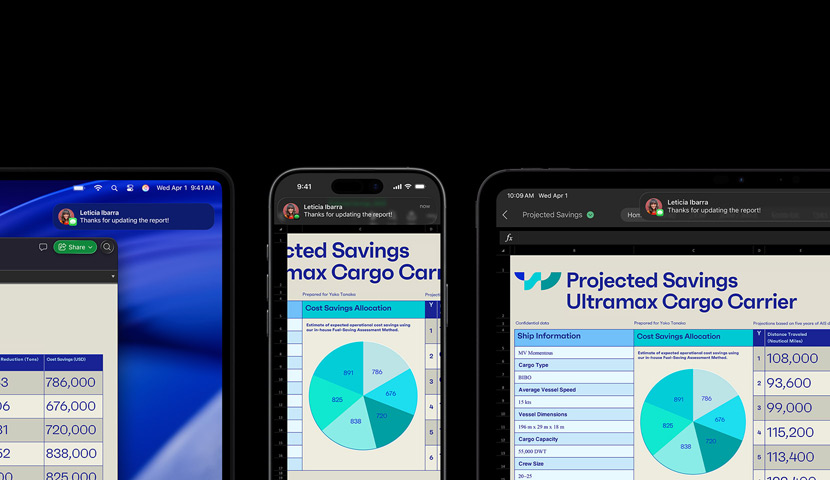 Uma folha de cálculo e uma mensagem de texto apresentadas num conjunto de dispositivos, incluindo iPhone, iPad, Apple Watch e Mac com macOS Tahoe.