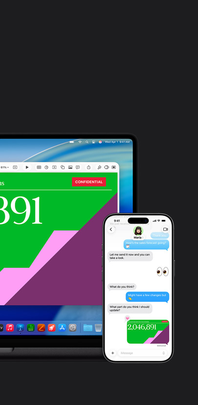 Um Mac a mostrar uma apresentação e o papel de parede do macOS Tahoe. Em frente ao Mac encontra-se um iPhone com a mesma apresentação numa troca de mensagens de texto.