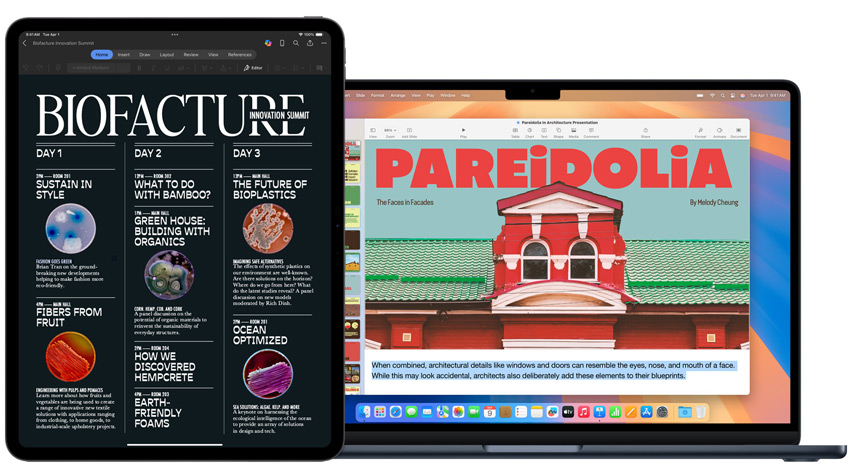 Auf einem iPad und einem MacBook werden Schulprojekte gezeigt.
