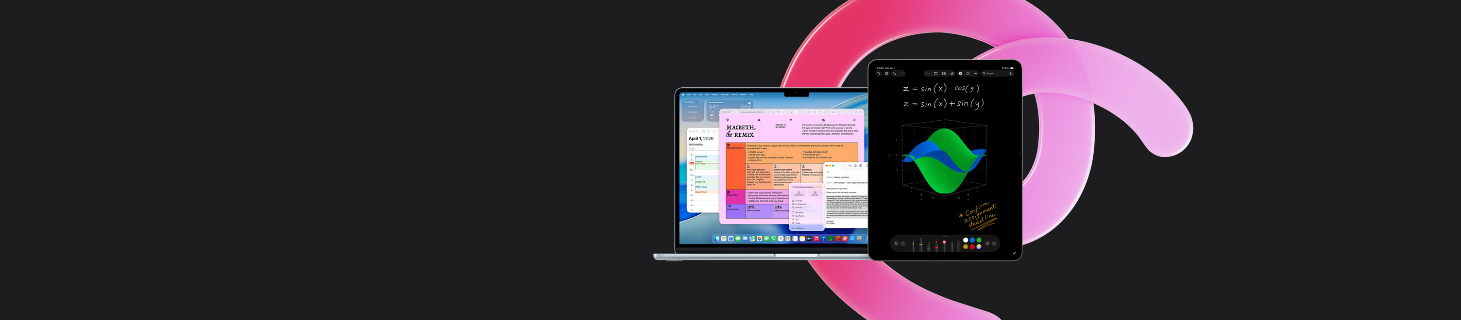 MacBook Air met Pages, Agenda, Melding en Mail naast een iPad met handgeschreven vergelijkingen in Wiskundenotities, om de productiviteit met ingebouwde apps te demonstreren